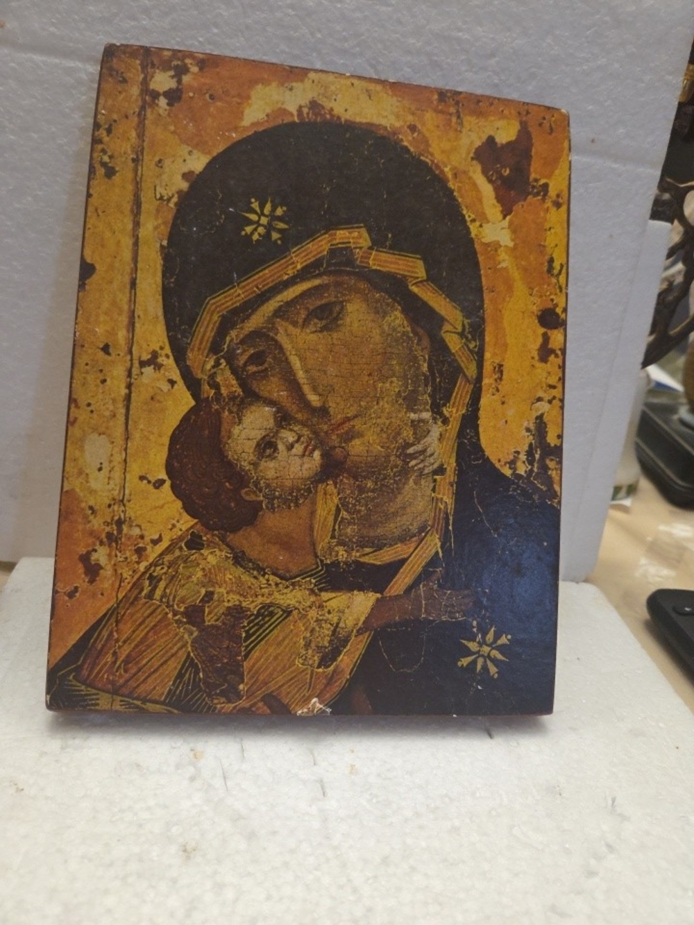 Vintage Vladimir Mother Of God Icon Plaque Religious Display 7.5"x10" Wood